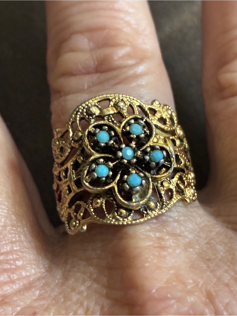 Vintage 1950’s Goldtone Filigree Flower Ring with Turquoise Accents